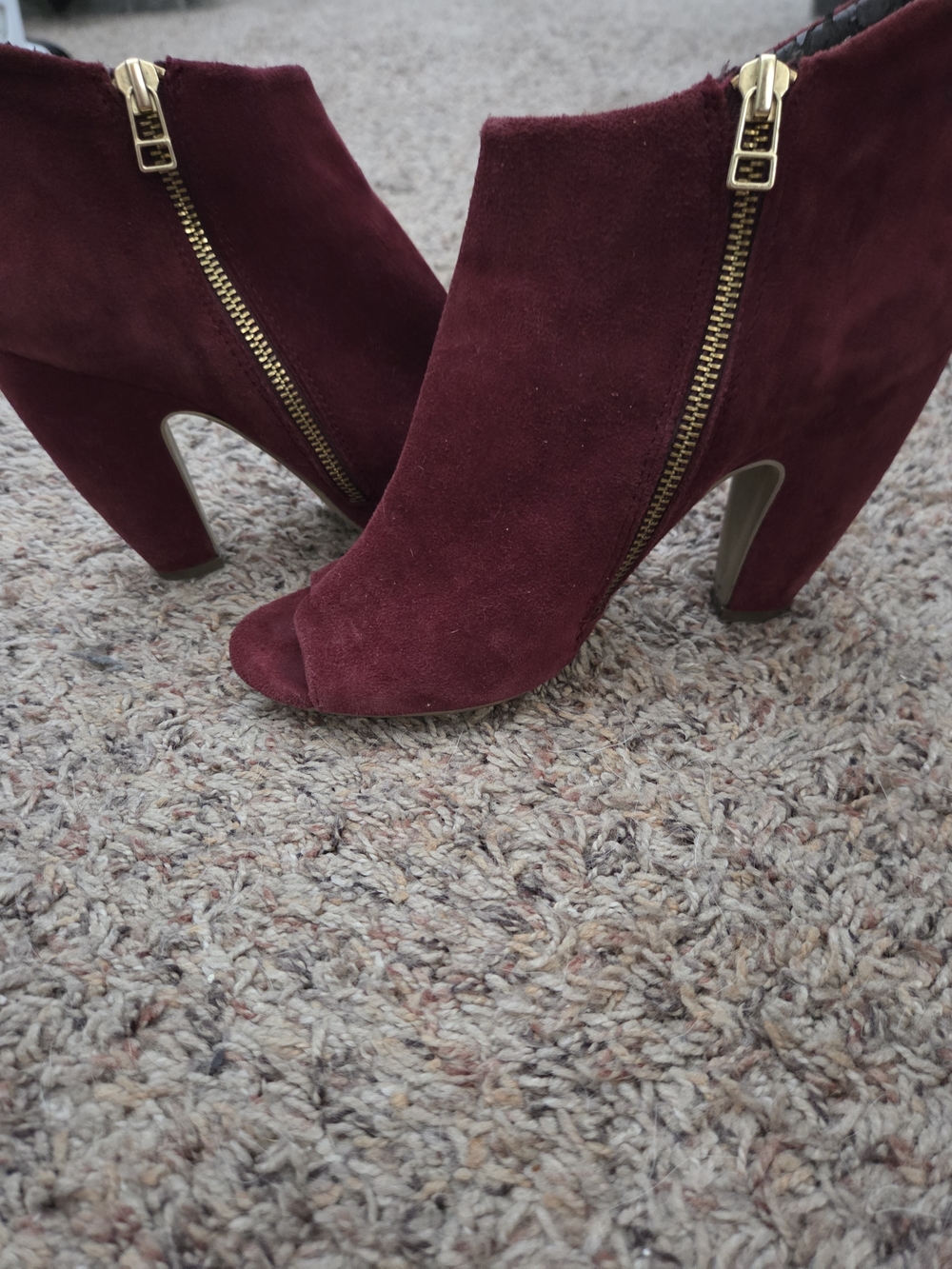 Steve Madden Burgundy Suede Peep-Toe Ankle Booties with Gold Zipper